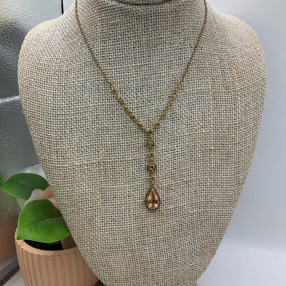 Monet Elegant Vintage Inspired Champagne Teardrop Y Drop Gold Tone Necklace - Picture 2 of 9